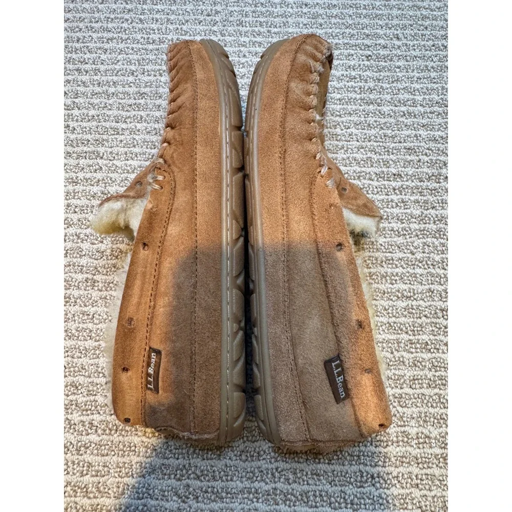 LL Bean‎ Wicked Good Moccasins Mens 8 Medium Tan Suede Shearling Slippers 264593